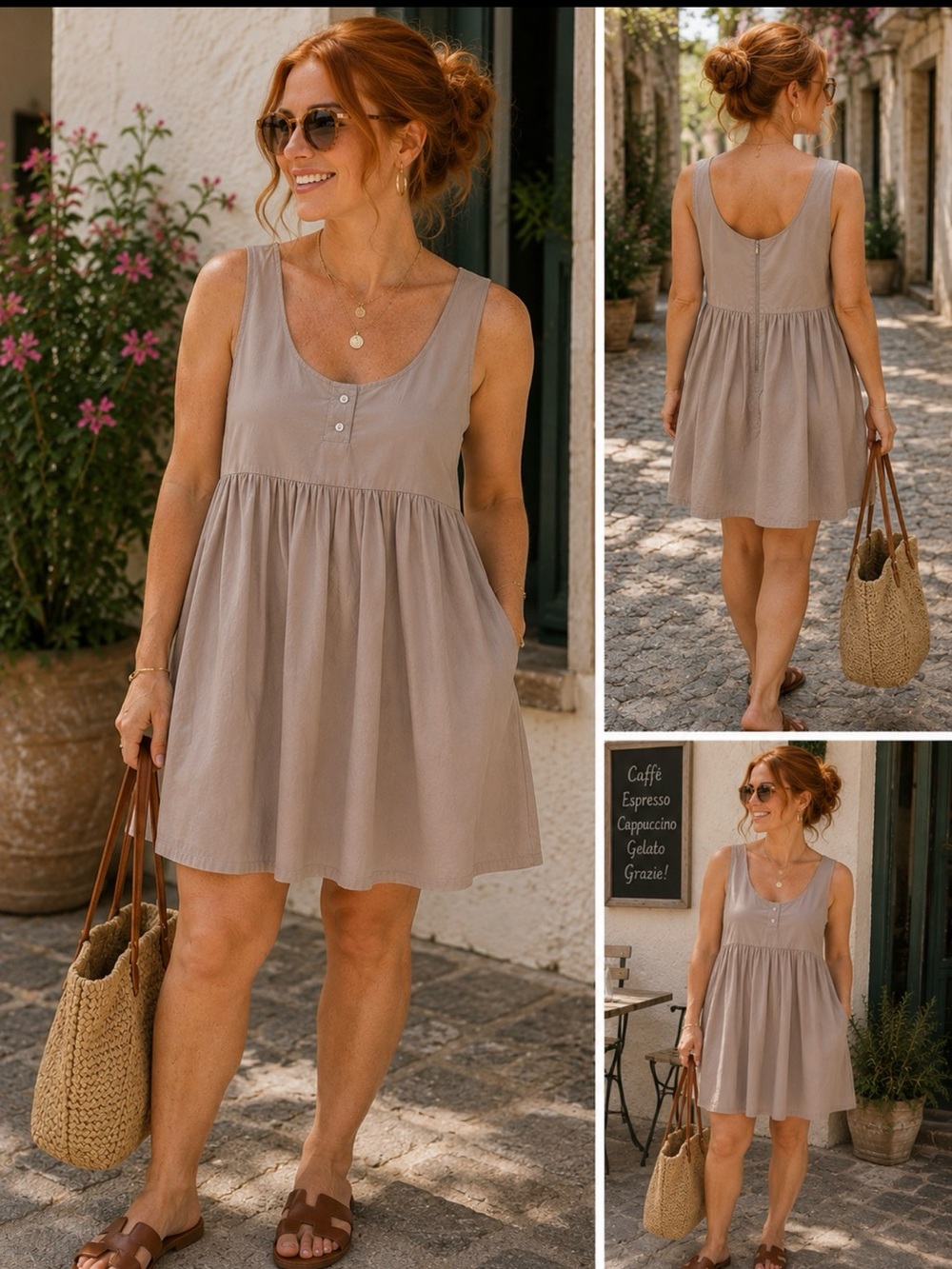 Stefanel Italy Babydoll Swing Dress | Neutral Taupe | Empire Waist | S